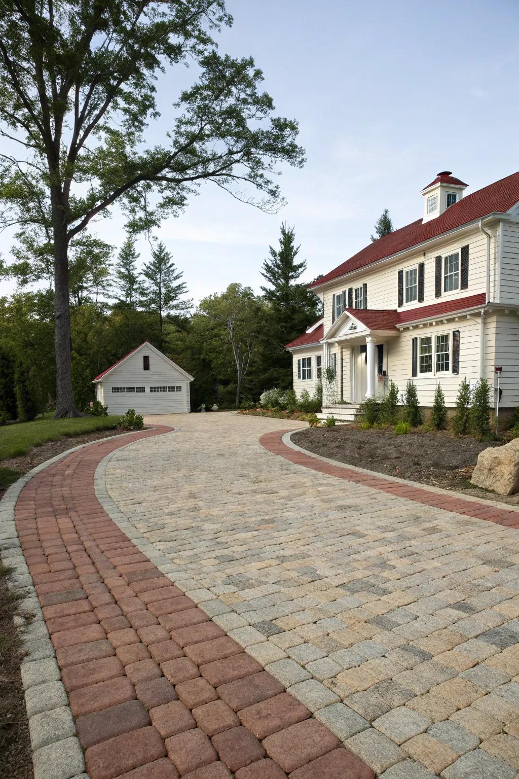 A dynamic driveway featuring a mix of stone and brick pavers for added texture.