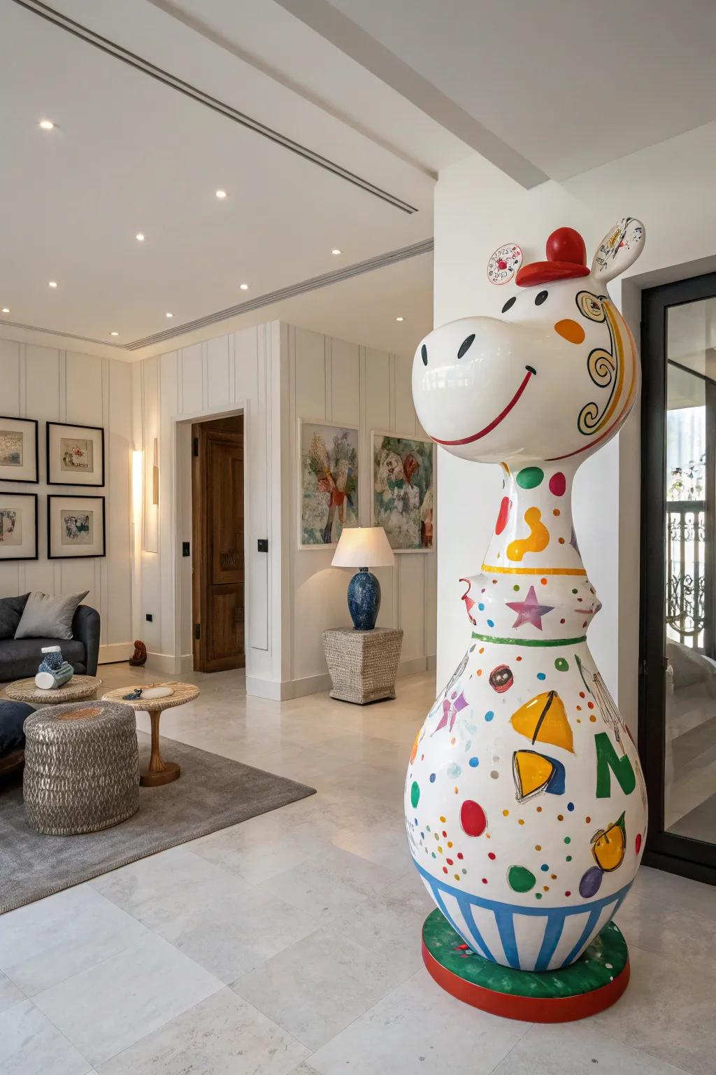 An oversized ceramic figure introducing charm to the decor.