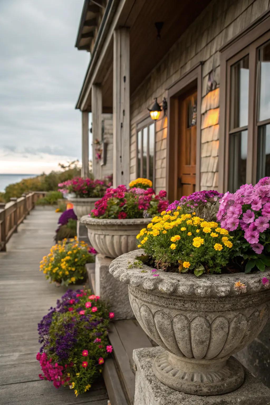 Vibrant flowers in stone planters add life and color to this inviting porch.