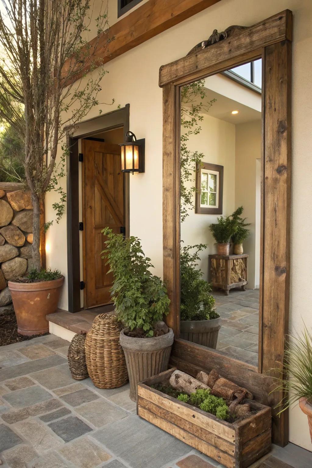 Rustic warmth is brought to life with a reclaimed wood-framed mirror in the entryway.