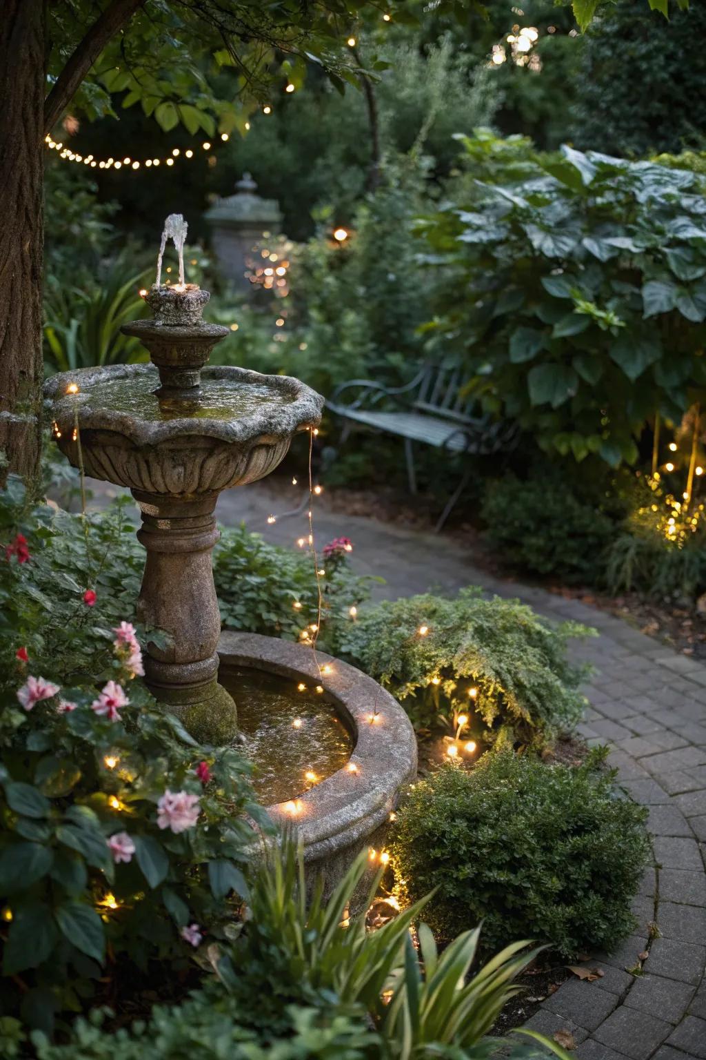 Fairy lights accentuate garden features beautifully.