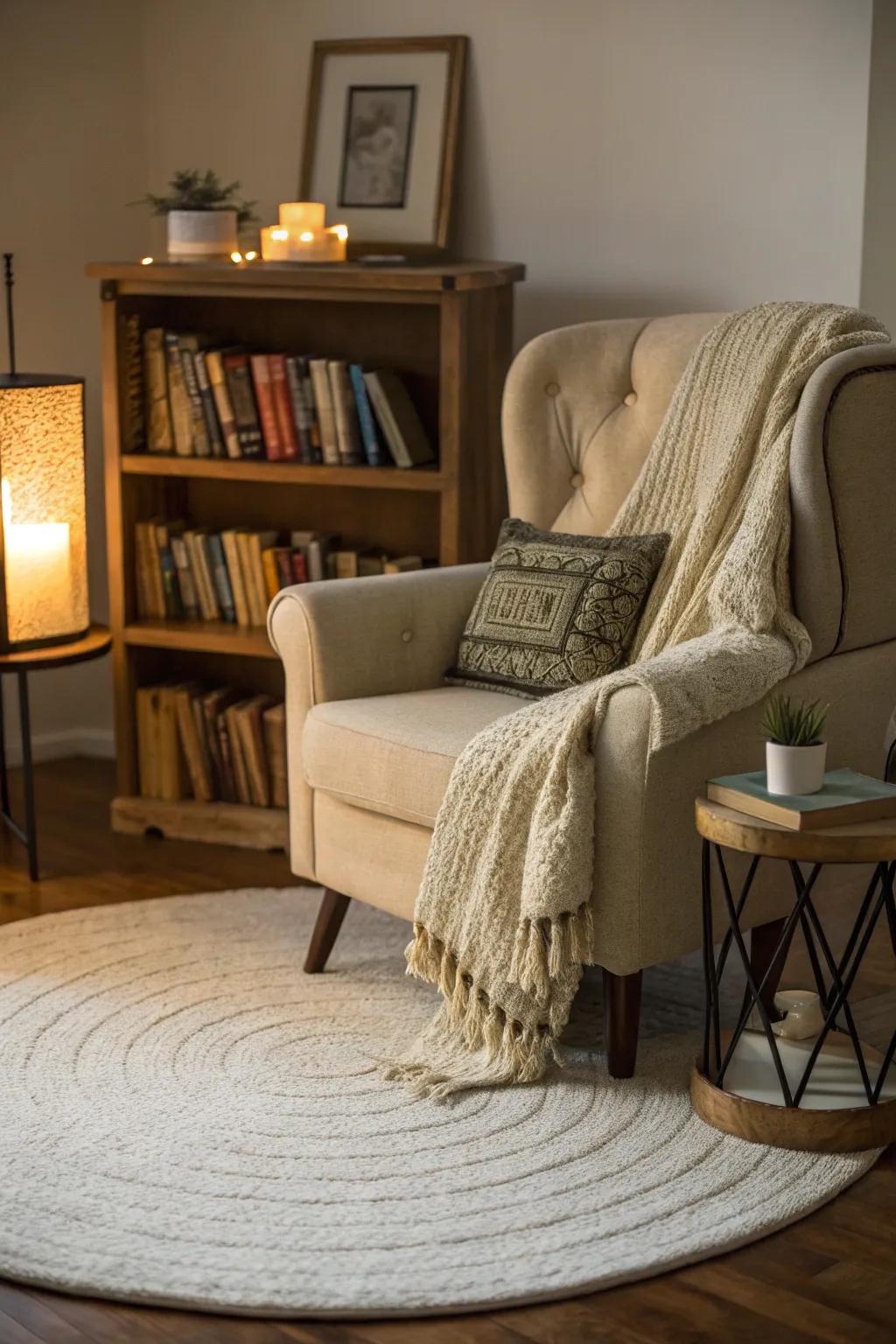 A round rug imparts a snug touch to any corner of your home.