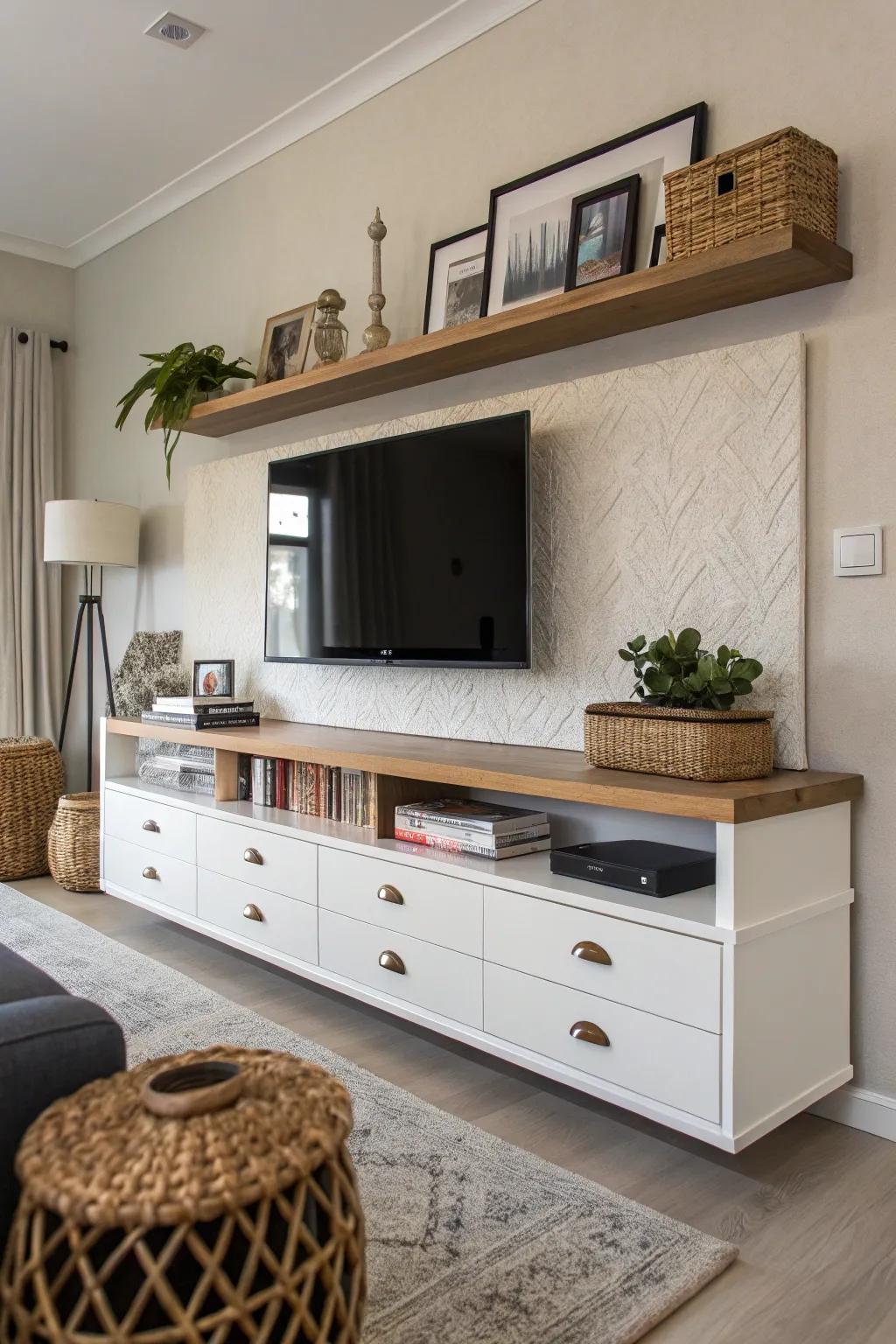 Harmonize style and storage with a floating ledge showcasing integrated drawers.