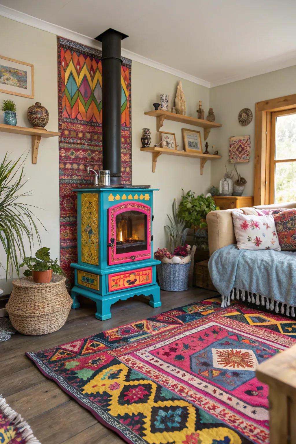 A colorful stove adds a playful touch to this vibrant room.