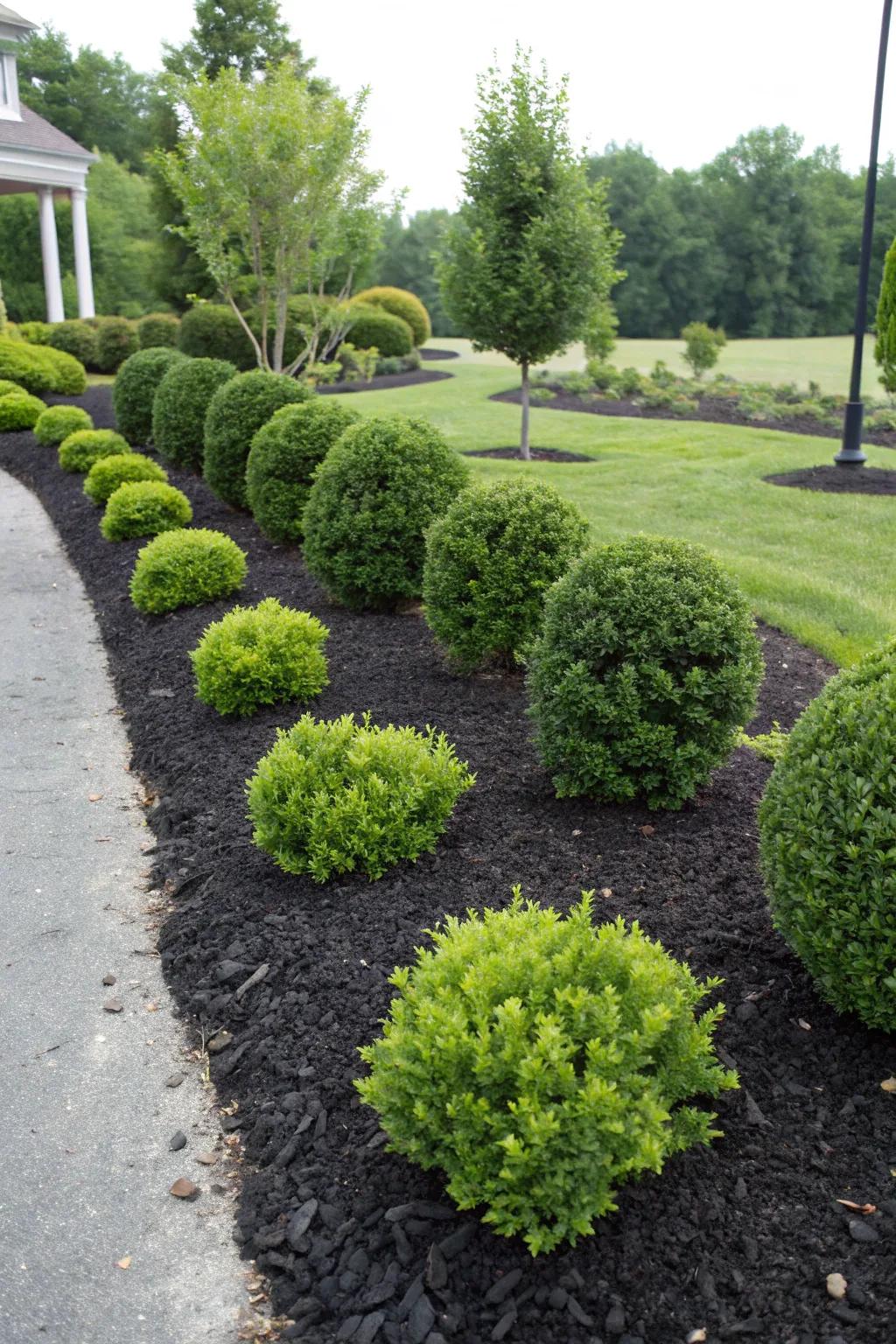 Layering plants over black mulch for added dimension.