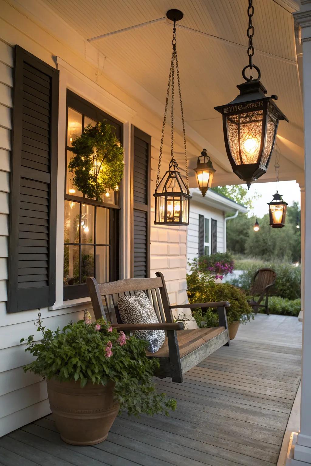 Beacon-esque lighting casts a balmy glow upon a front porch.