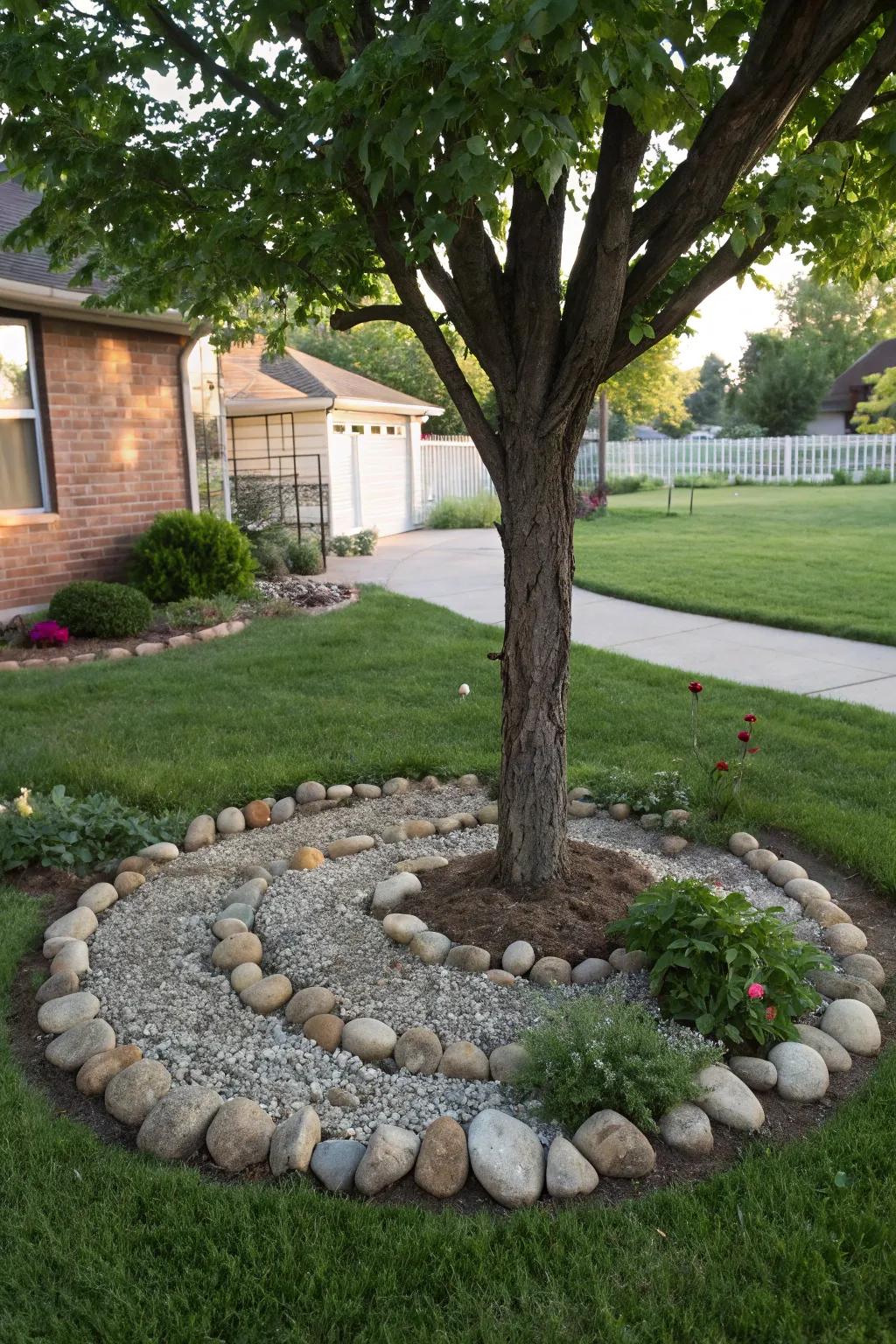 Decorative stones add texture and interest around tree roots.