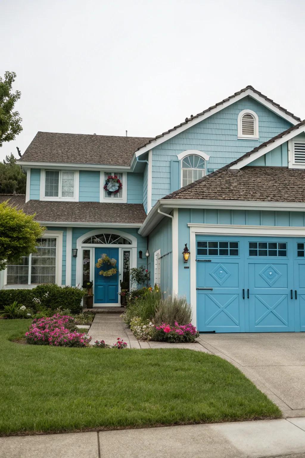 A home featuring matching front and garage doors for a cohesive design.