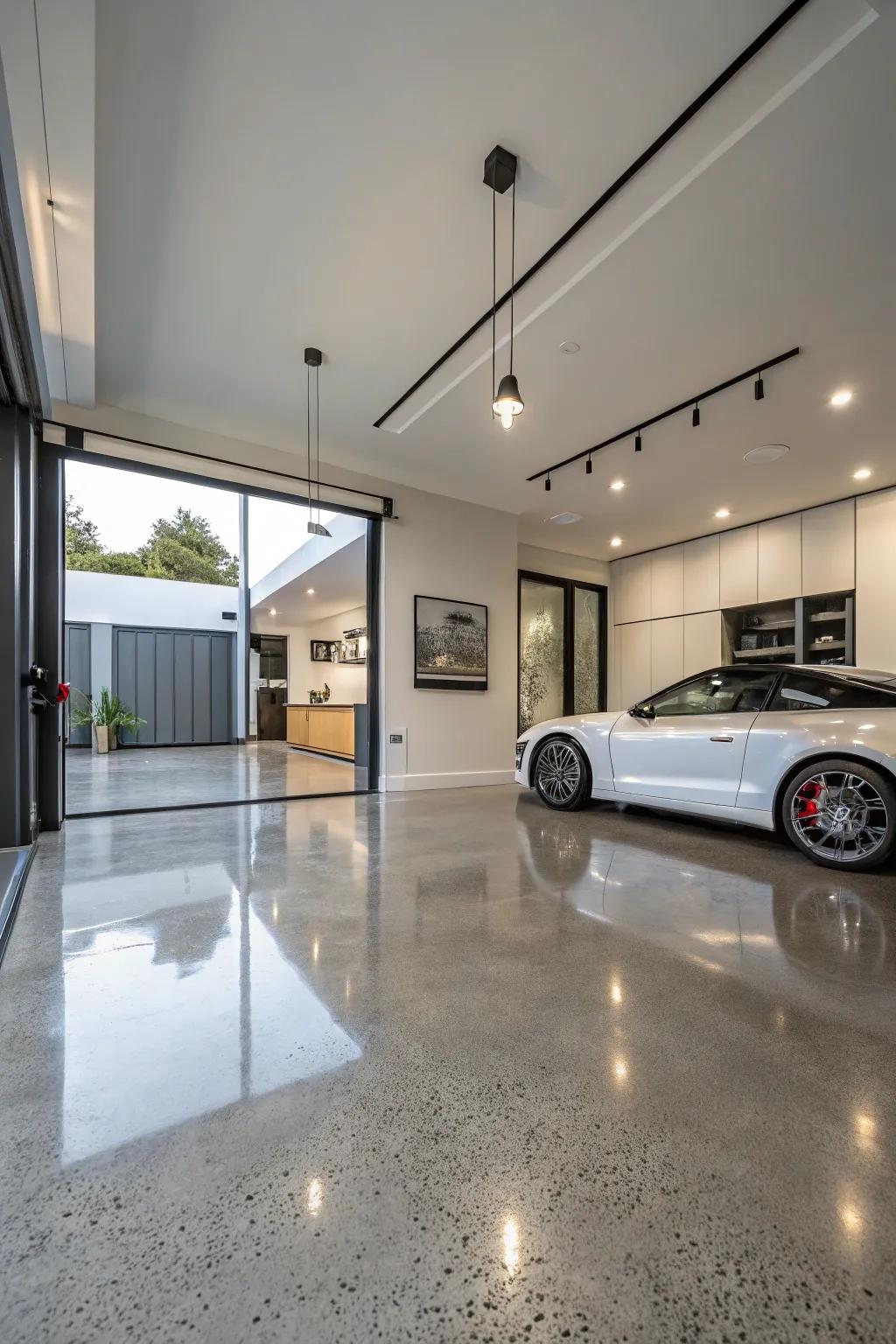 Upgrade to polished concrete for a sleek and durable garage floor.