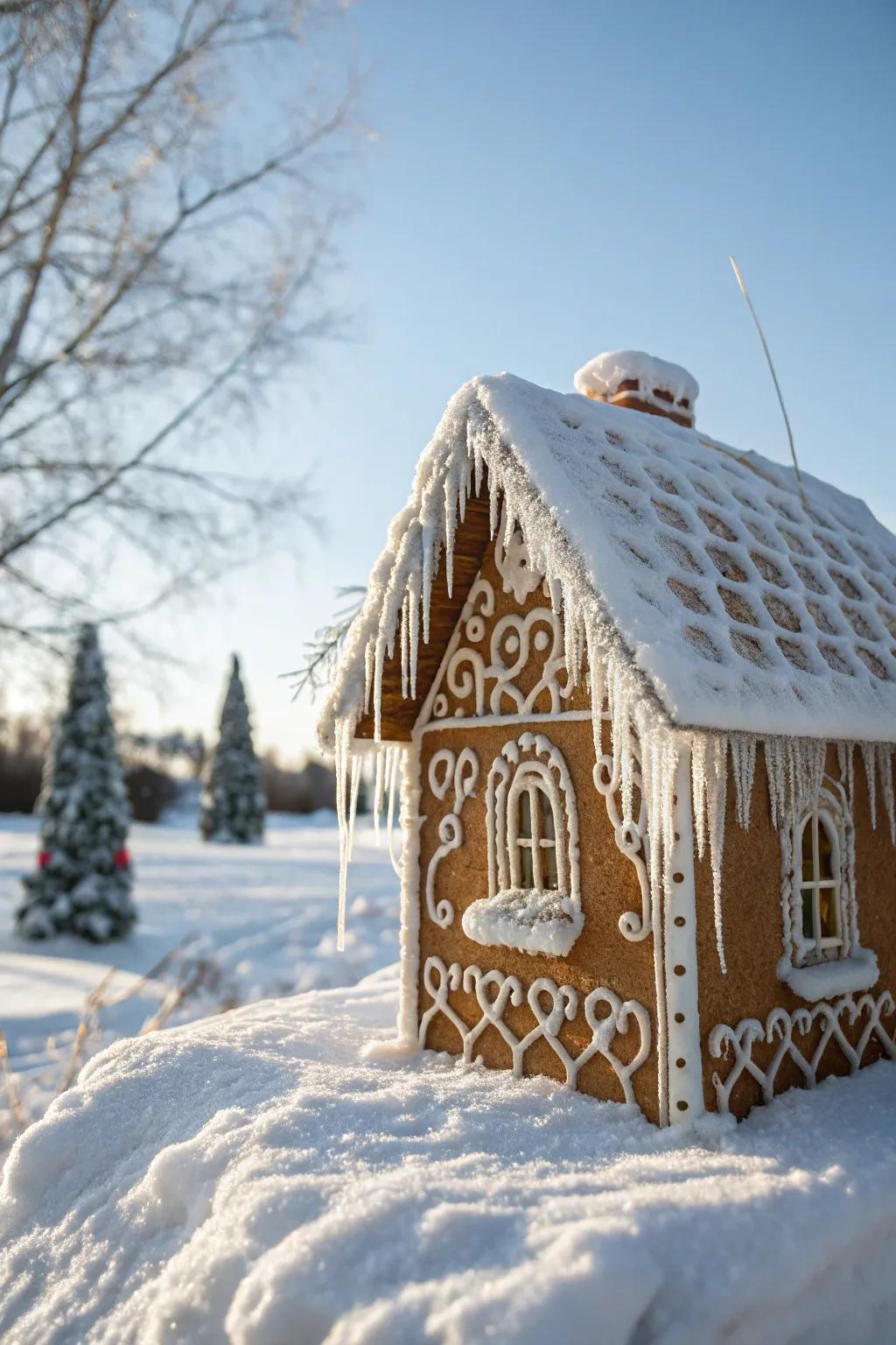 Whimsical frosting icicles add charm to the gingerbread cabin.