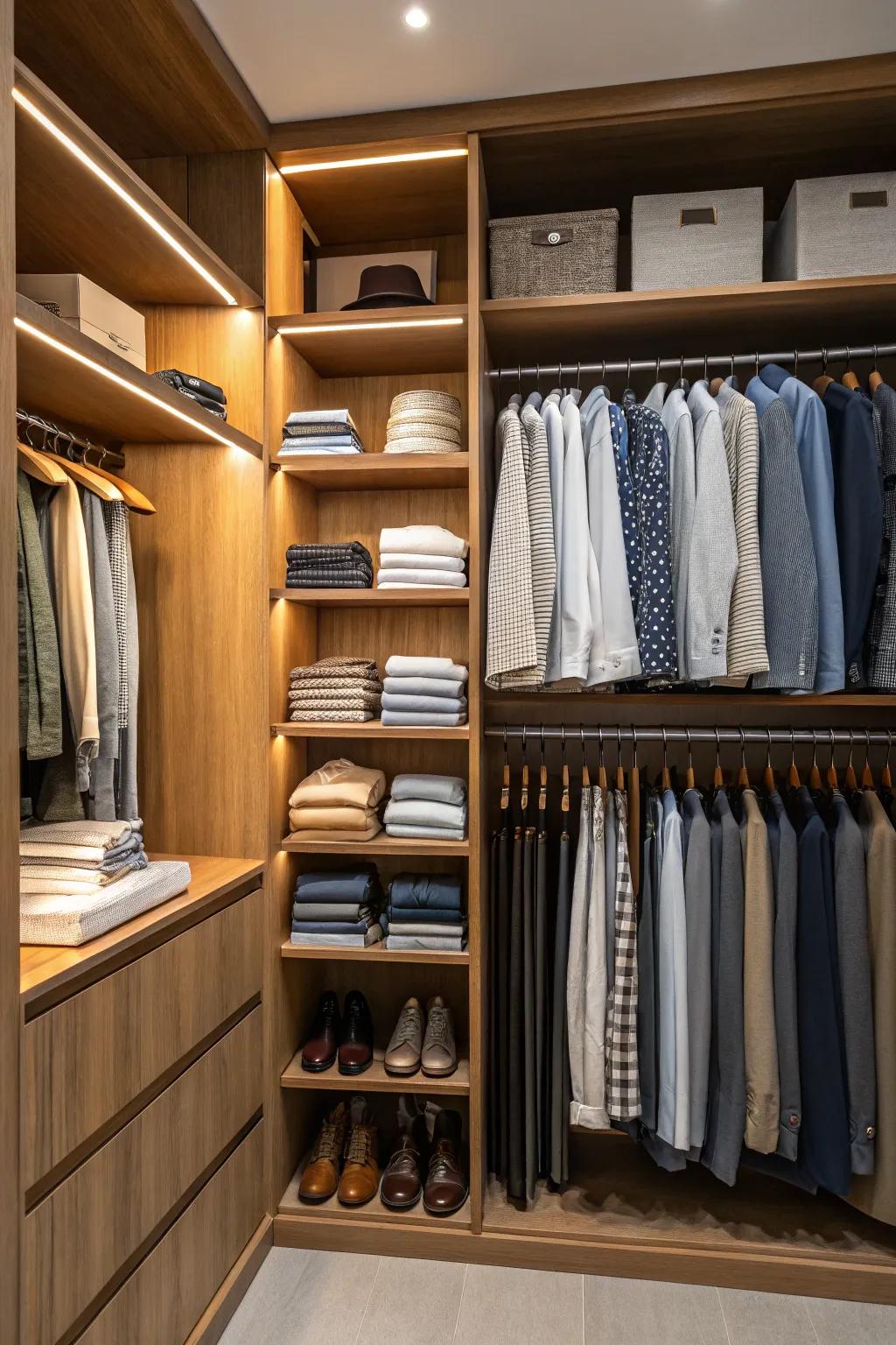 Open shelves provide easy access to your wardrobe.