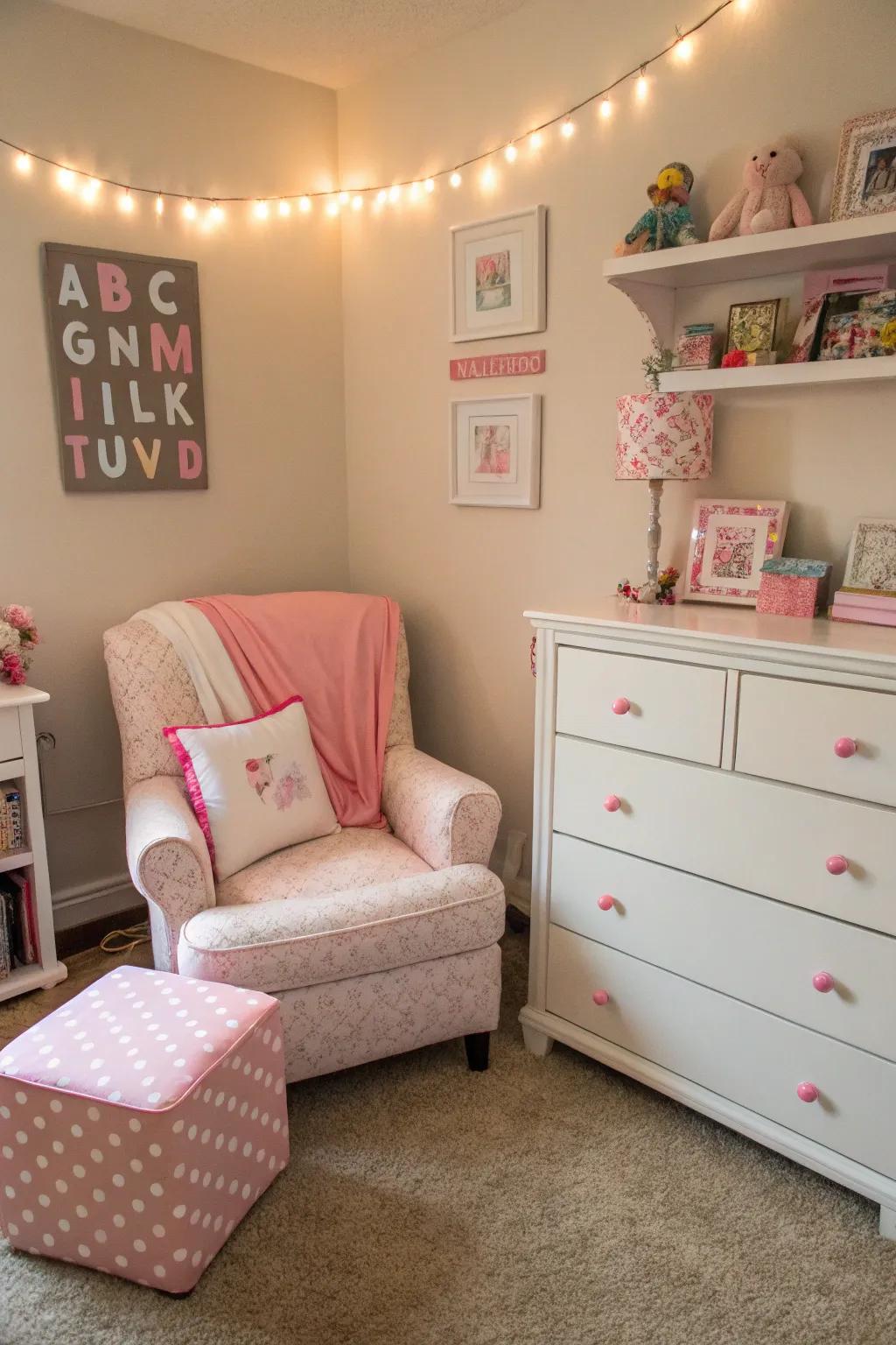 Themed furniture with pink accents enhances the room's design.