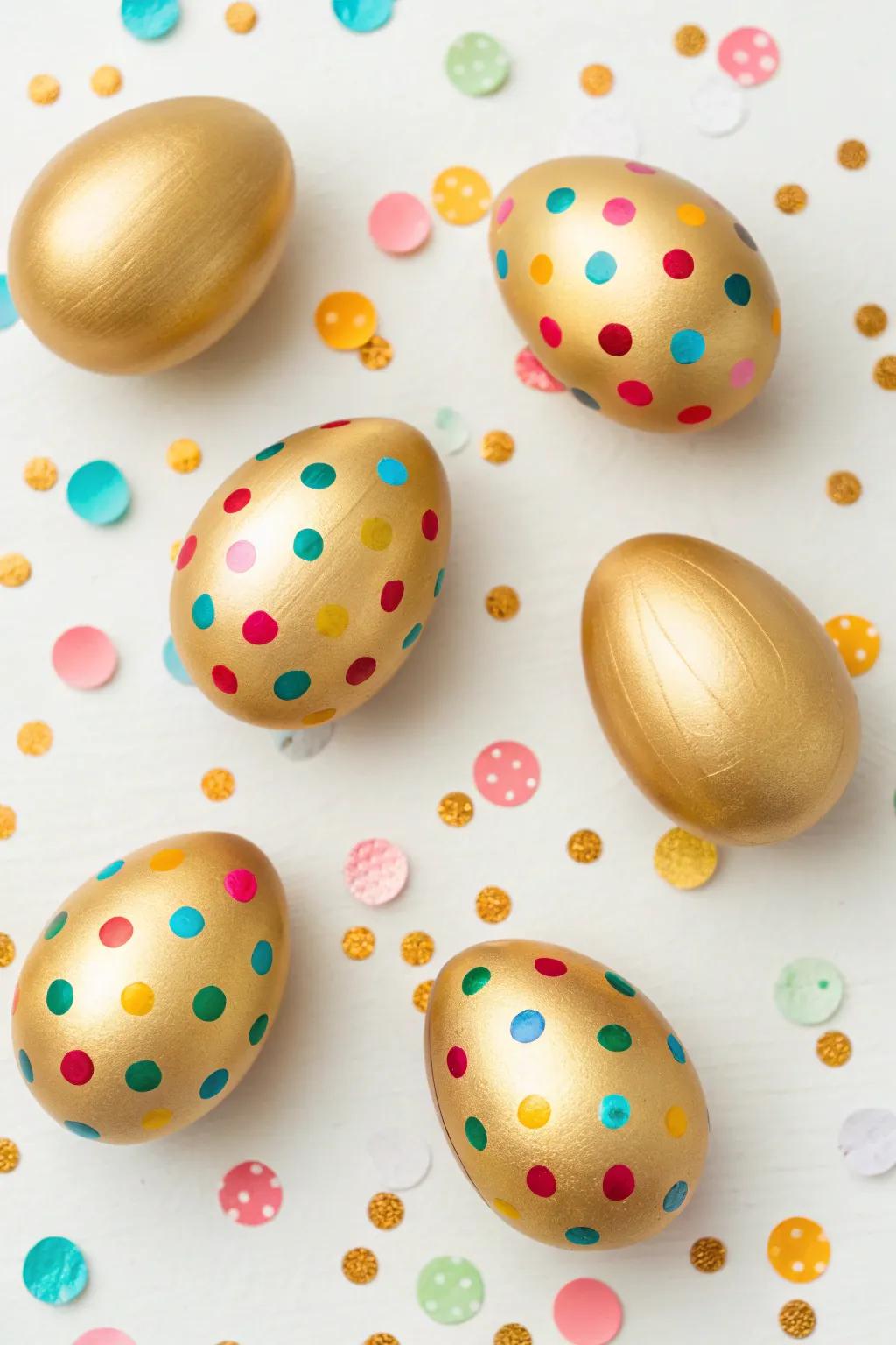 Golden eggs with a splash of confetti for a playful Easter vibe.