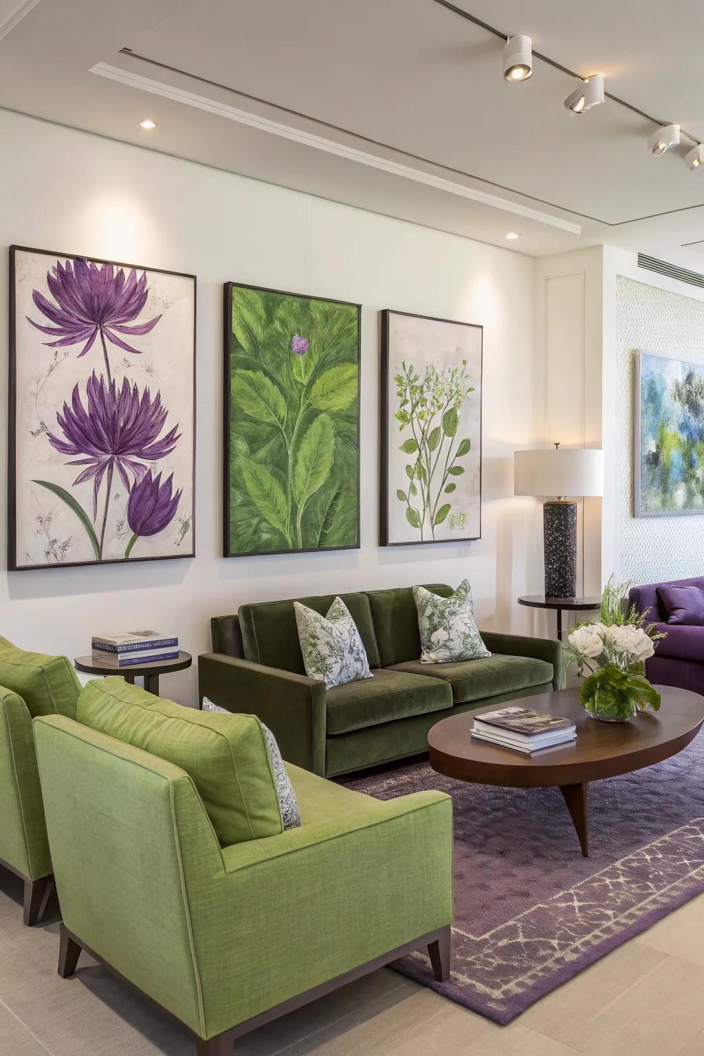 Art pieces adding flair to a green and purple living room.