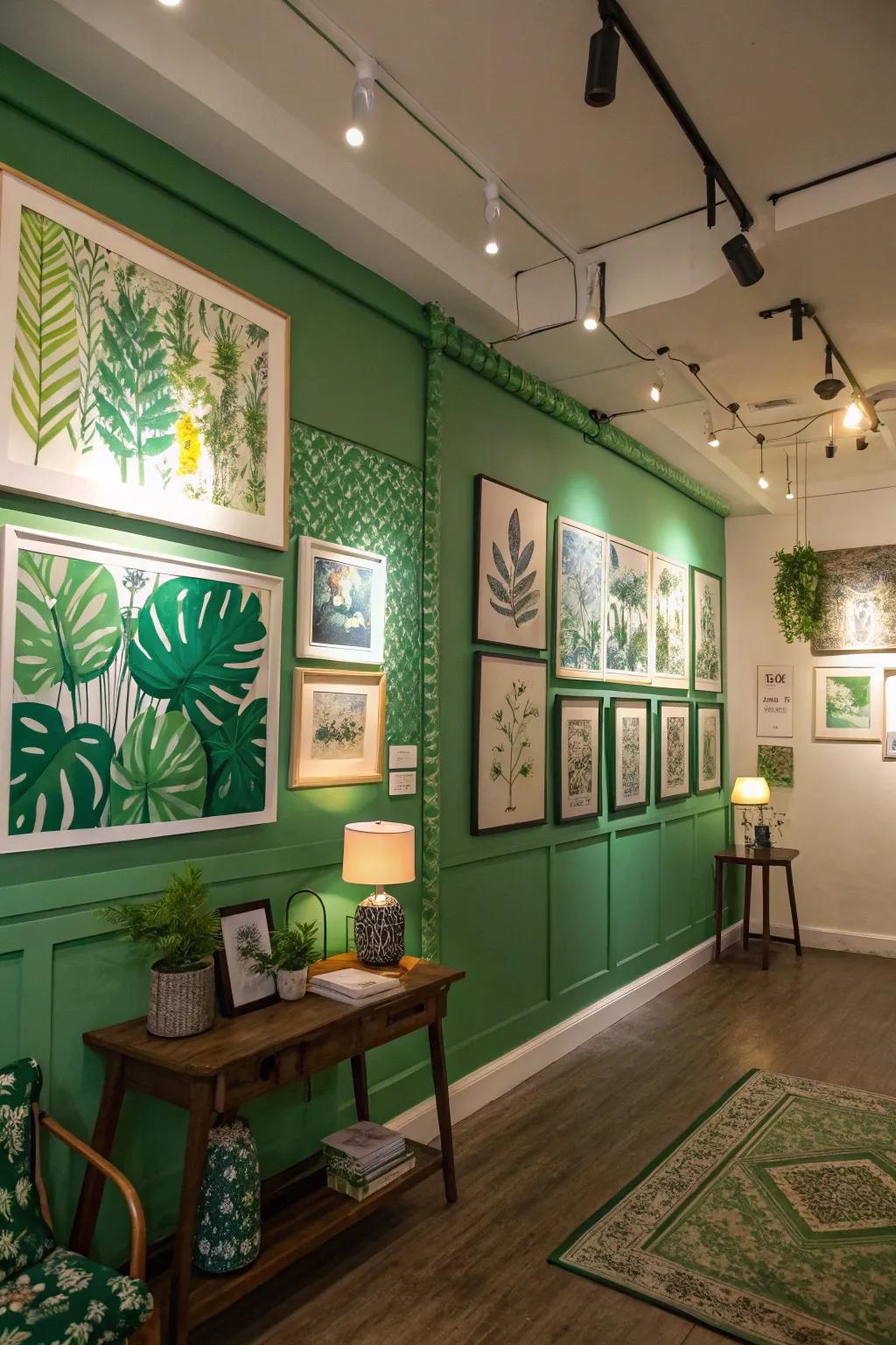 Nature-inspired green artwork adds harmony to the decor.