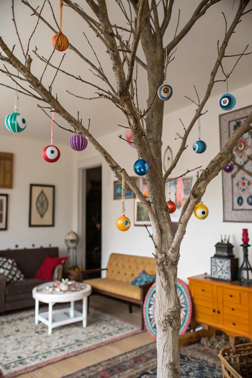An all-seeing Halloween tree ornamented with ocular orbs.