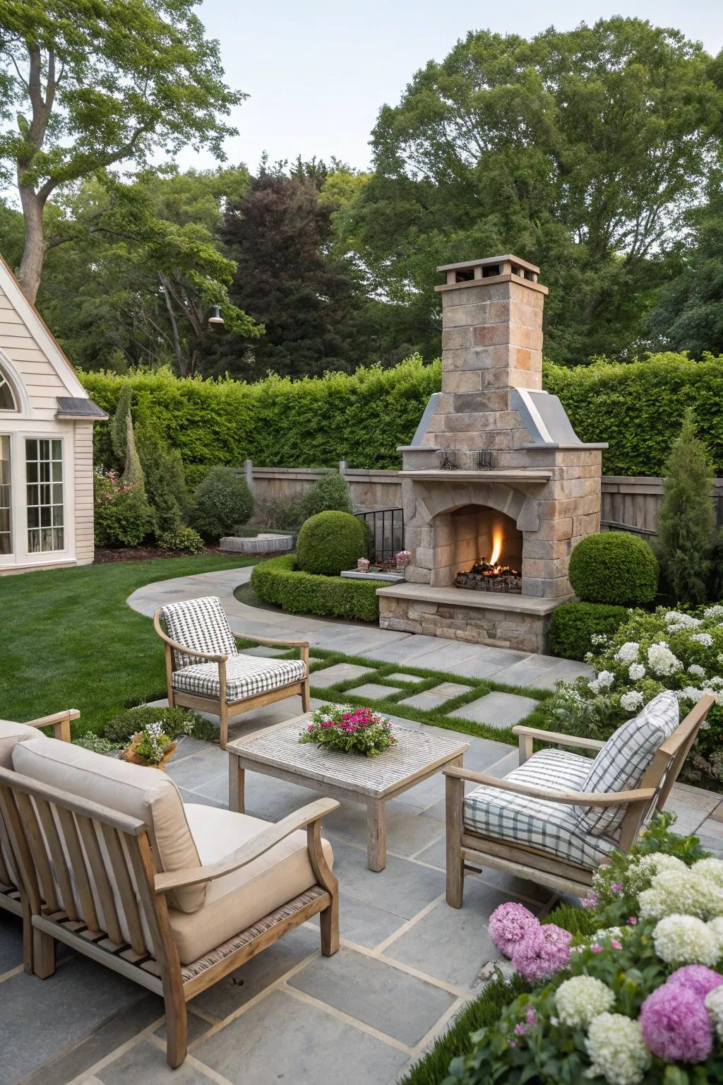 A warm fire feature creates a cozy gathering spot in your Hamptons-inspired backyard.