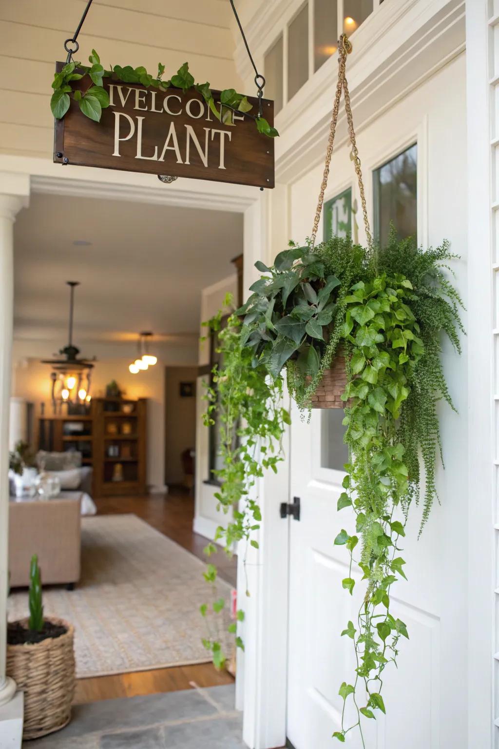 A hanging plant sign that adds vibrancy and freshness to an entryway.