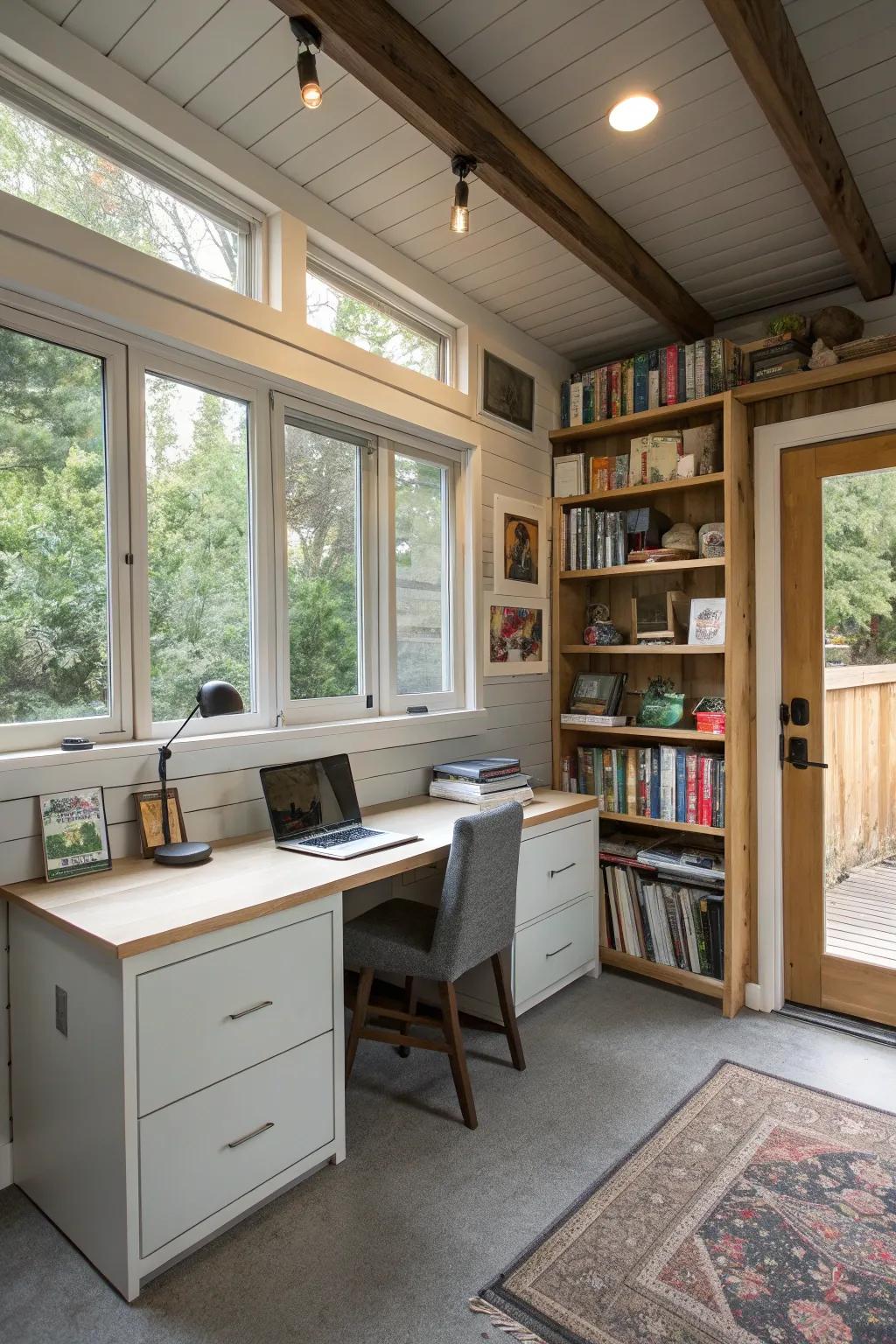 A transformed garage space now serves as a productive office.