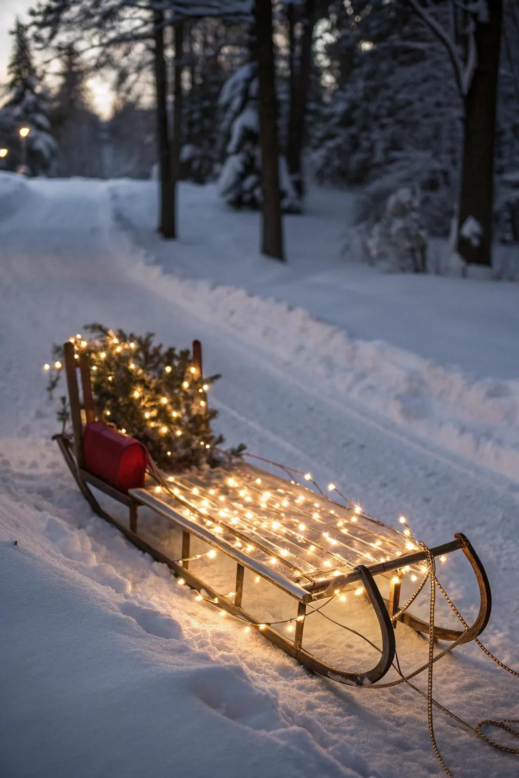 A sled glowing with twinkling lights