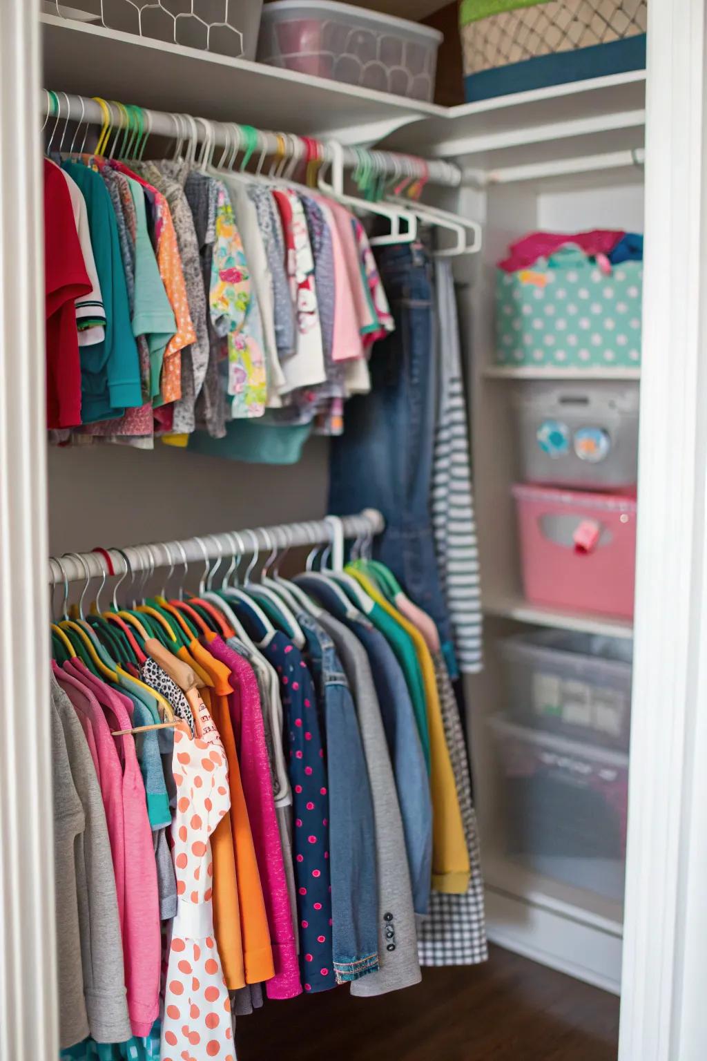 Taking full advantage of vertical area in a child's cupboard.