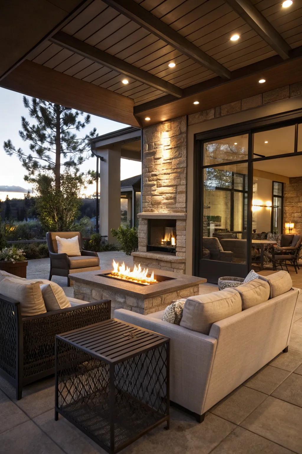 A fireplace introduces warmth and a cozy ambiance to your indoor patio.
