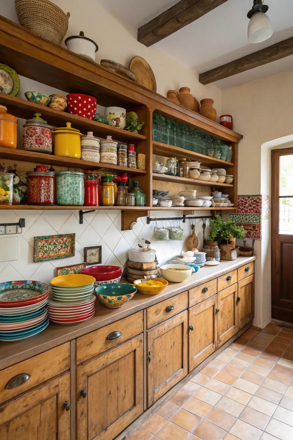 Open shelving showcases pottery and adds a personal touch.