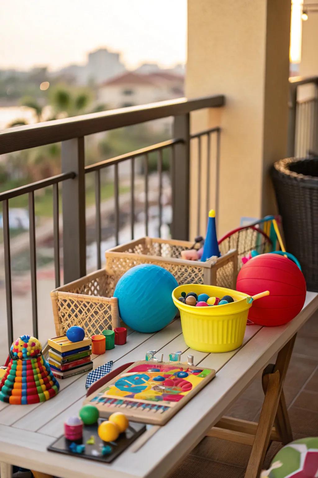 Outdoor toys transform the balcony into an exciting play zone.