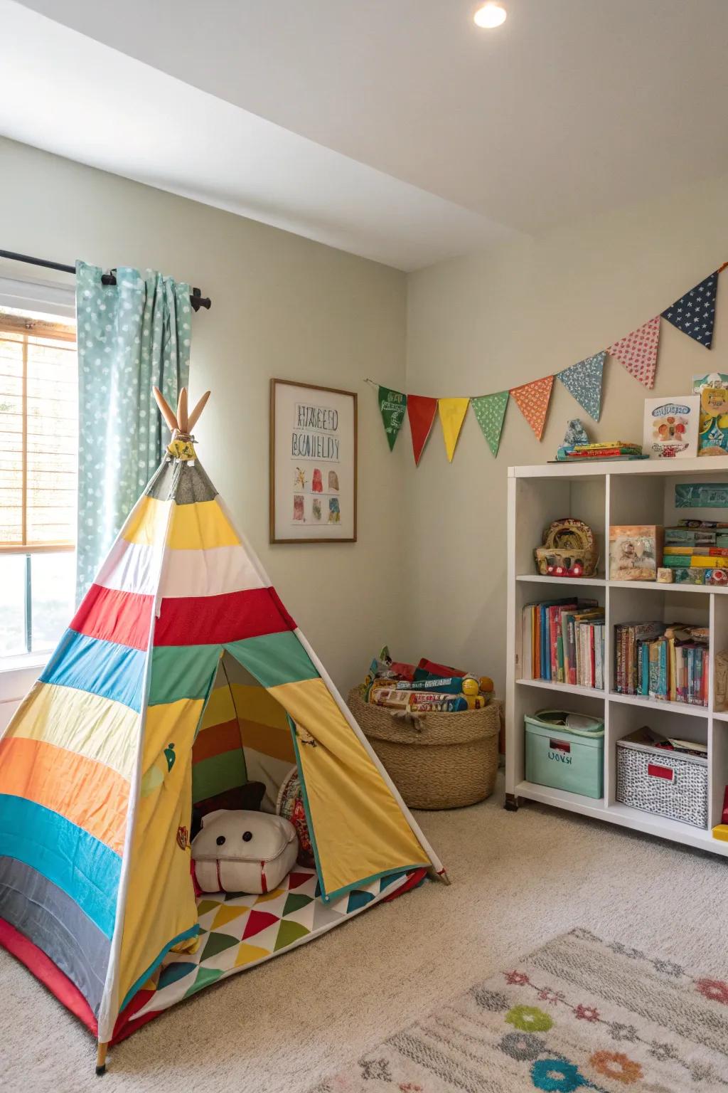 A play tent offers a delightful spot for reading and imagination.