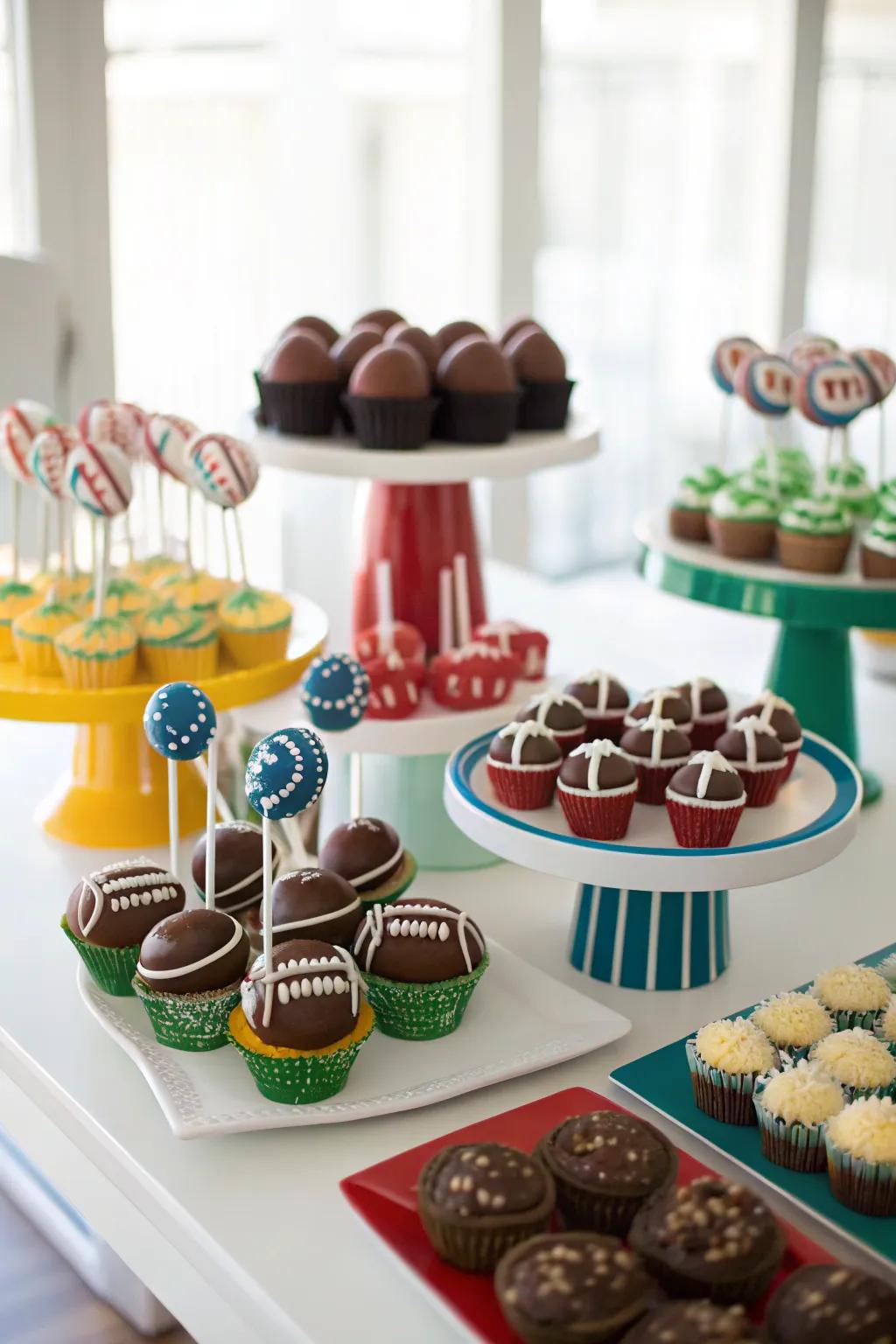 A dessert table with football-themed sweet treats.