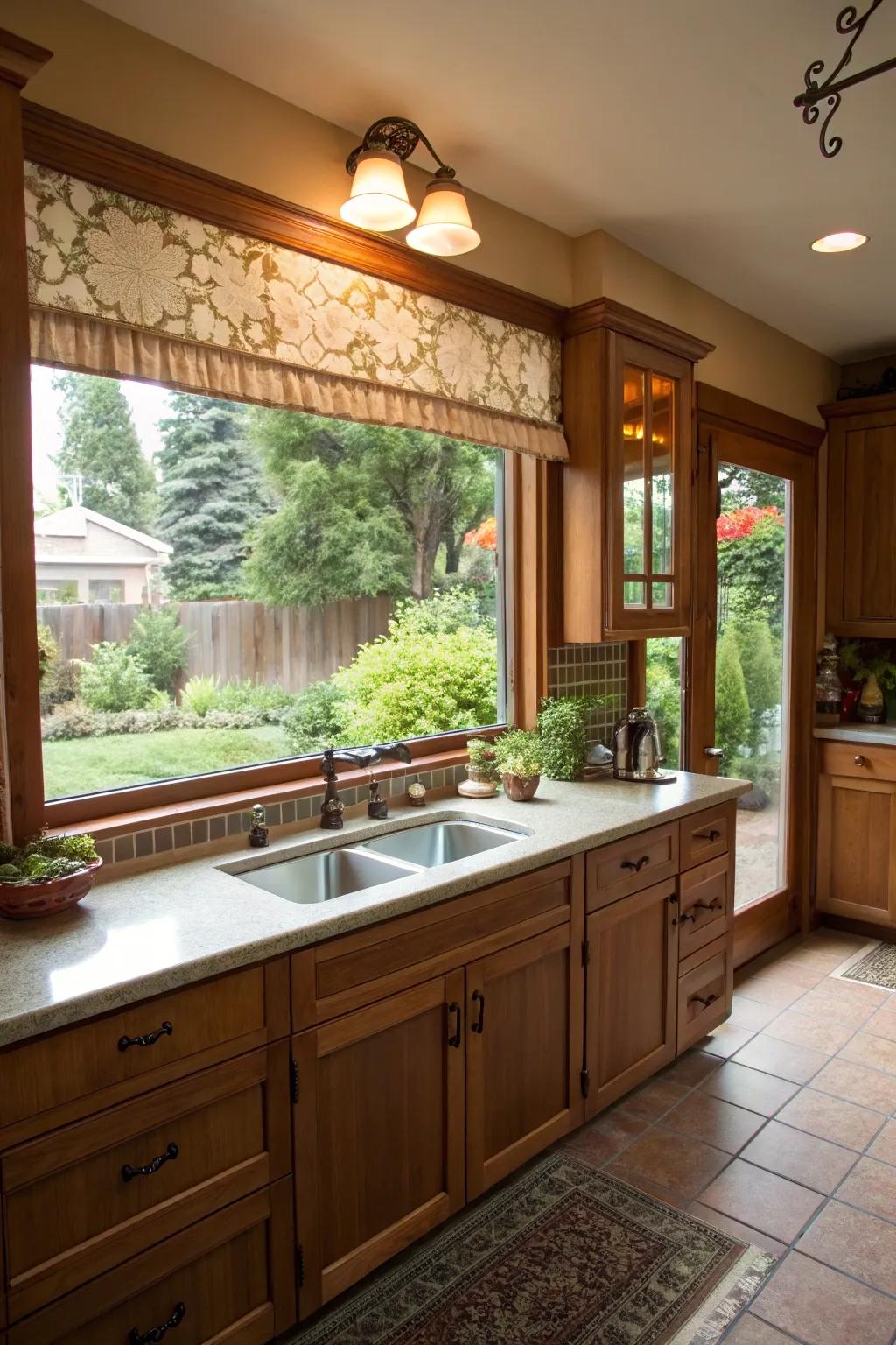 Awning windows above the sink provide fresh air and a pleasant view, adding to the kitchen's charm.