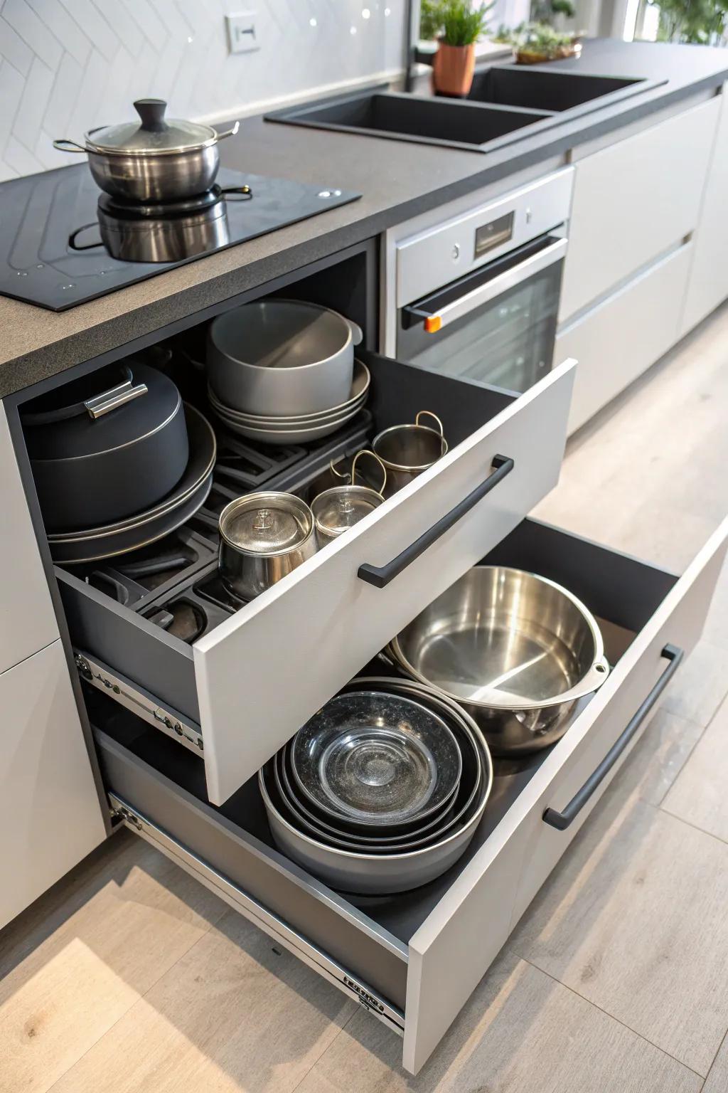 Store your bulky cookware efficiently with deep kitchen drawers.
