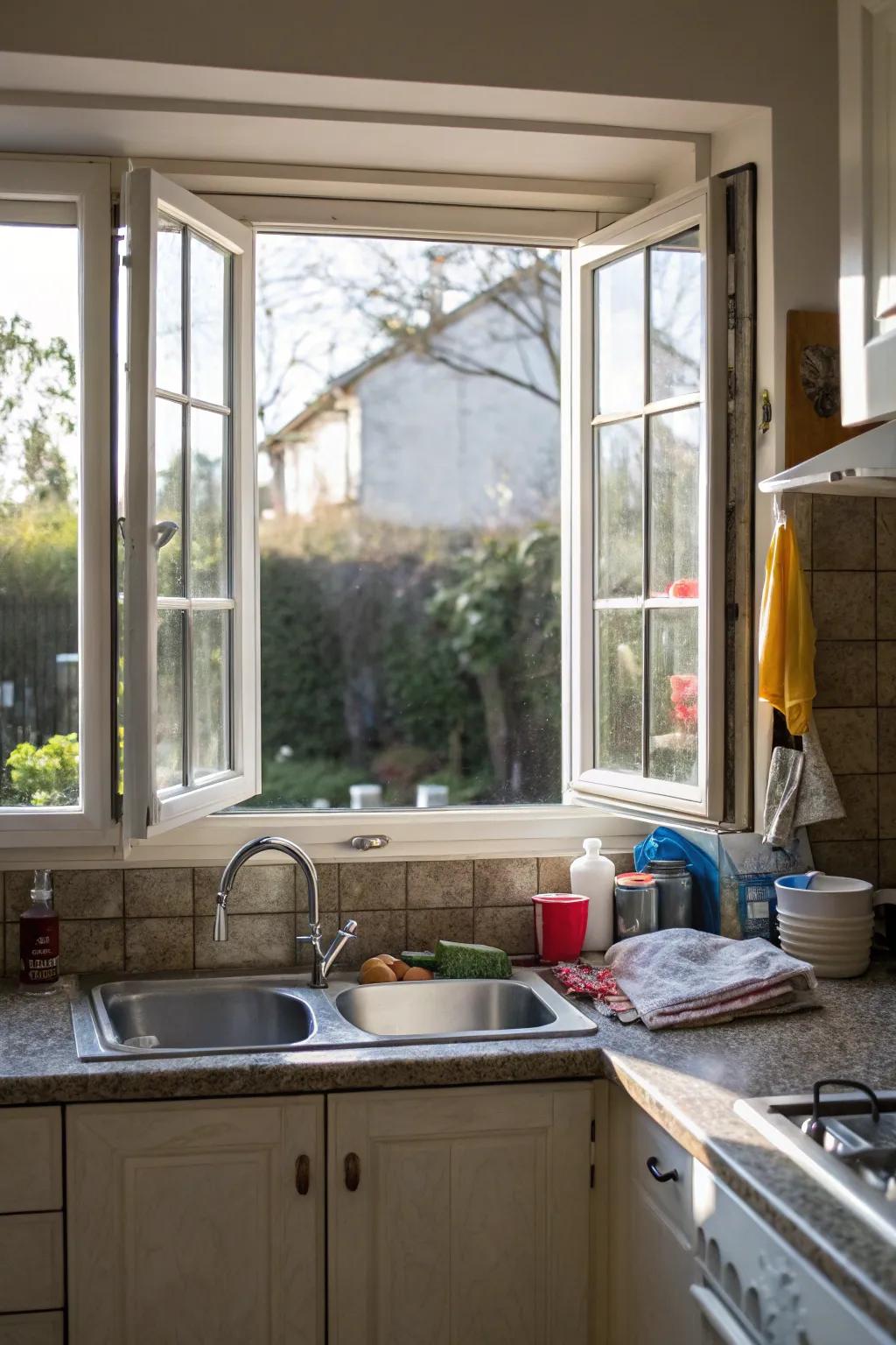 Casement windows providing ventilation in a kitchen.