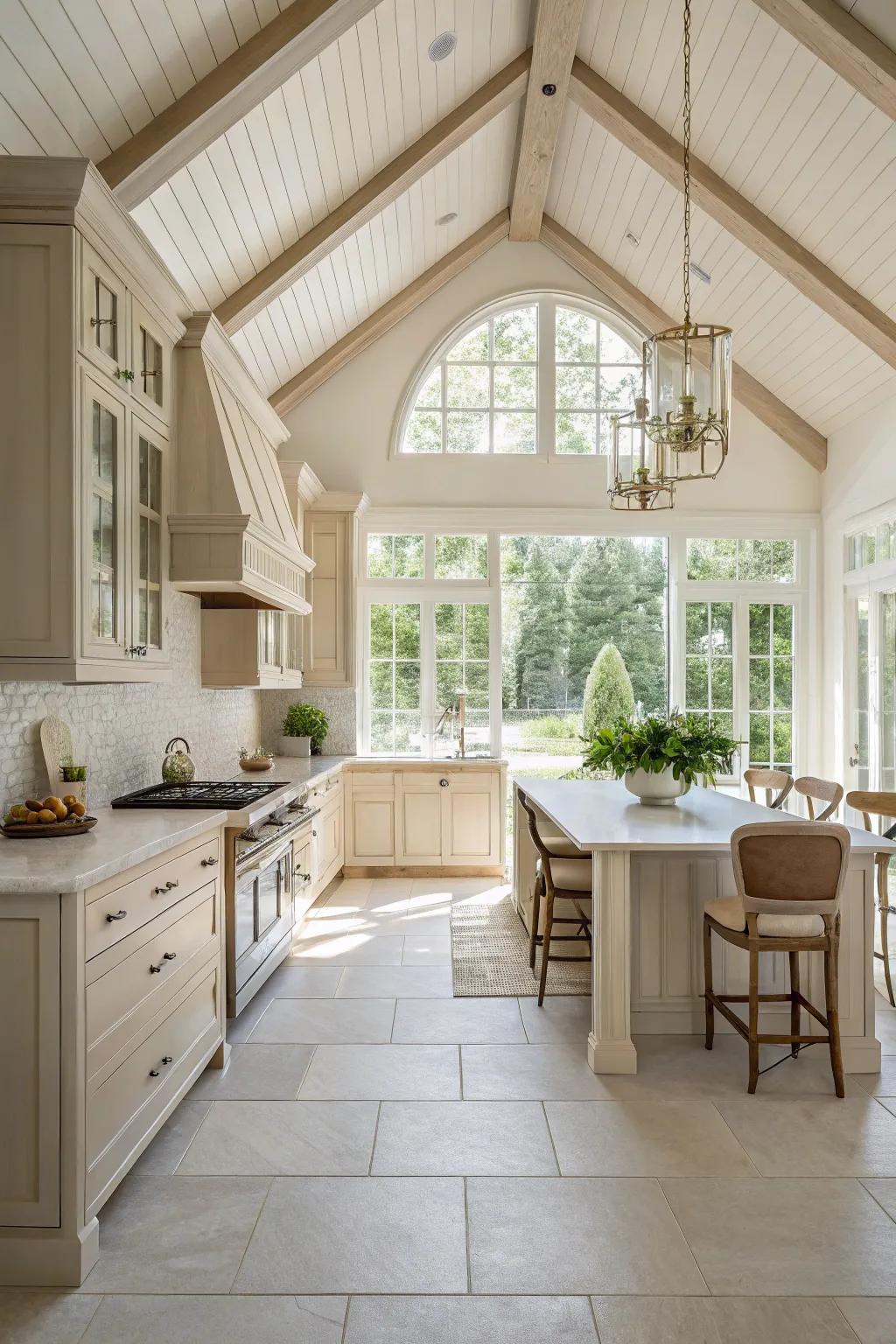 A neutral palette lends serenity and space to this kitchen with a vaulted ceiling.