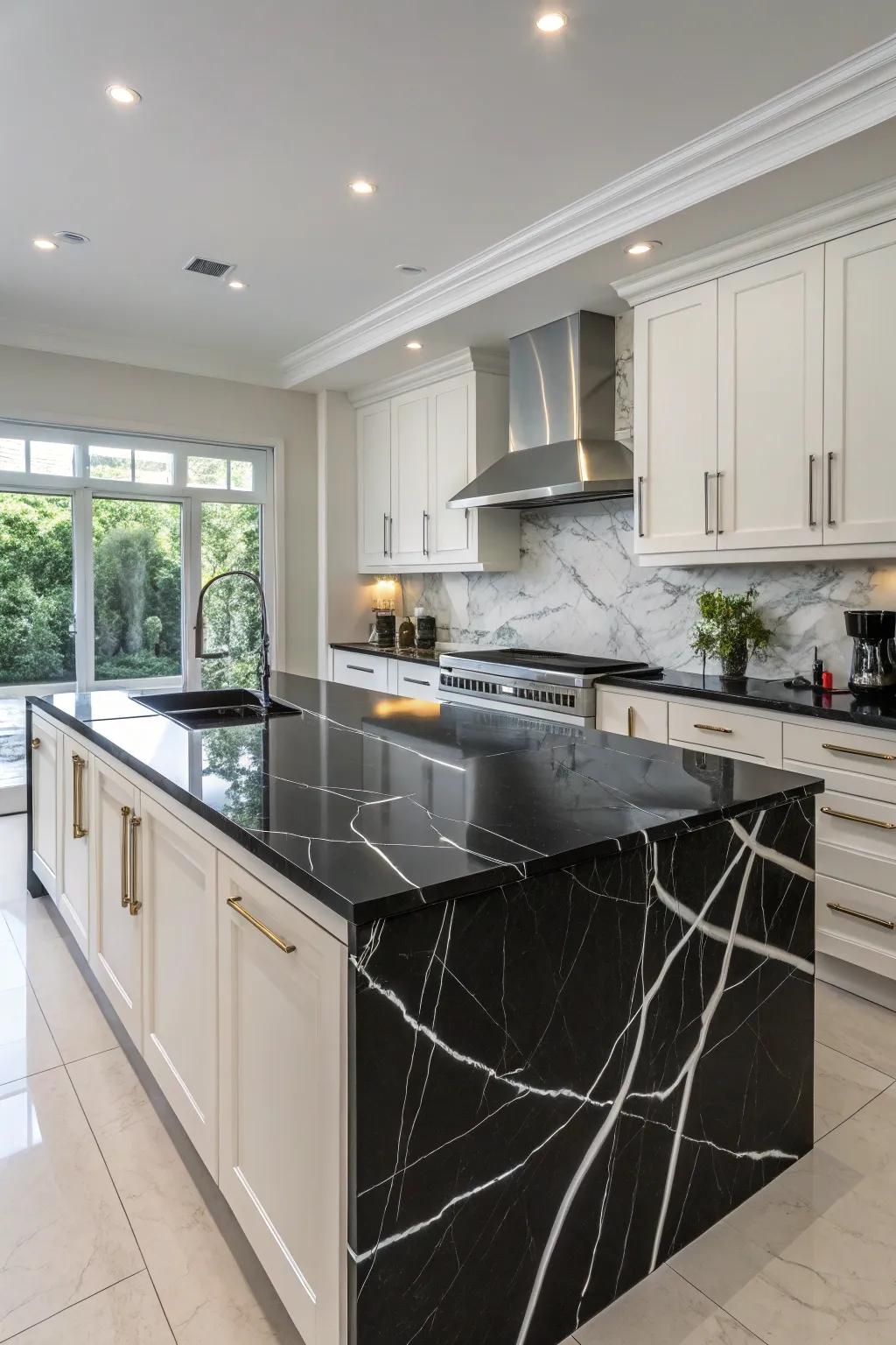 Striking charcoal quartz worktops showcasing refined alabaster streaks.