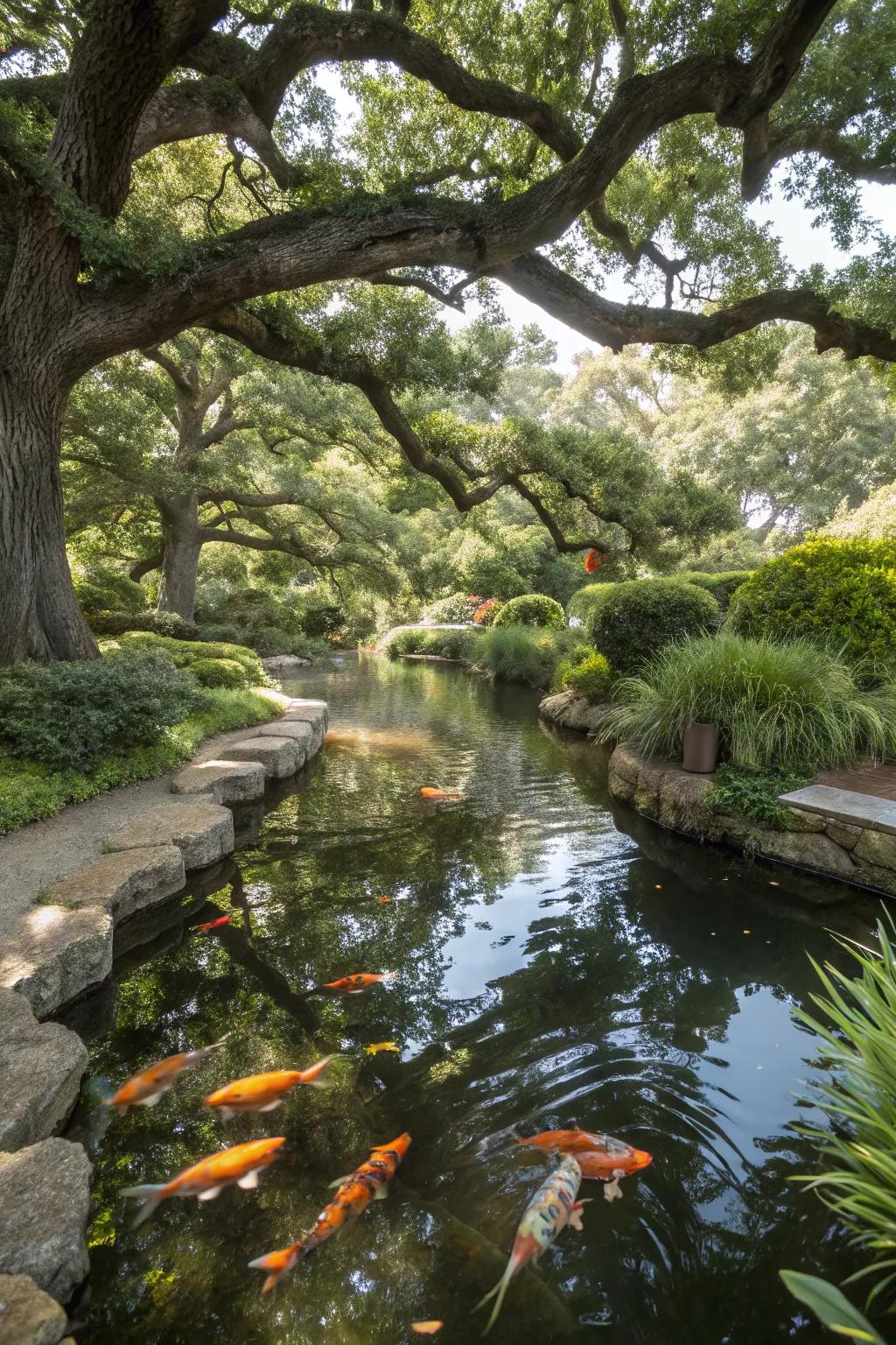 A koi pond nestled beneath the protective canopy of towering oak trees.