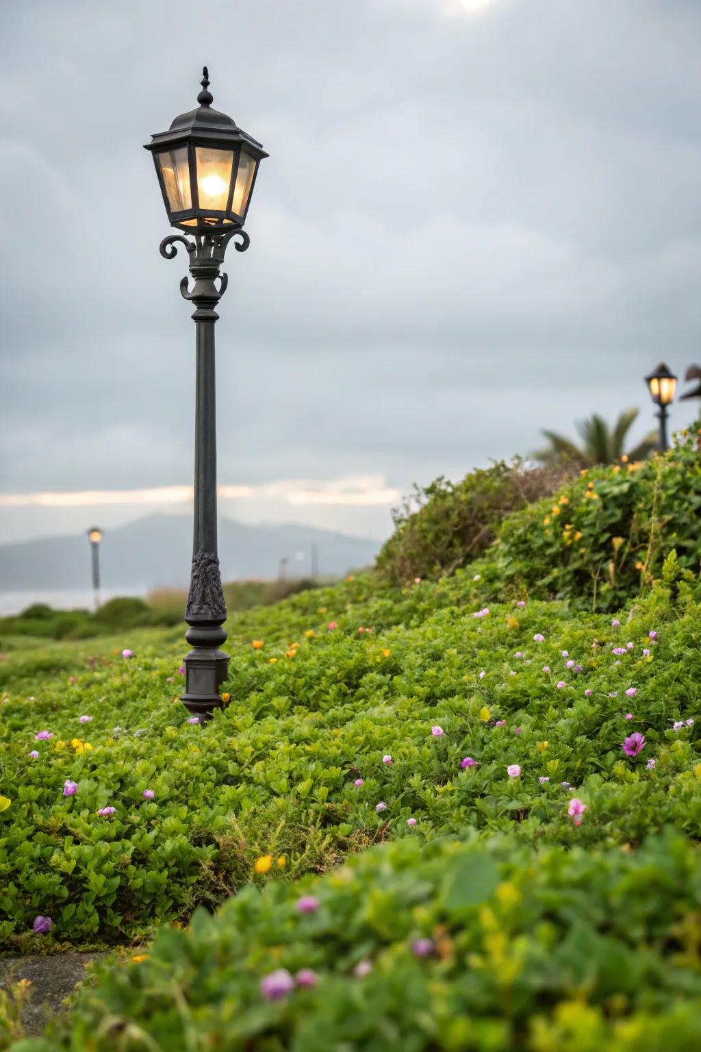 Ground covers creating a seamless transition around a lamp post.