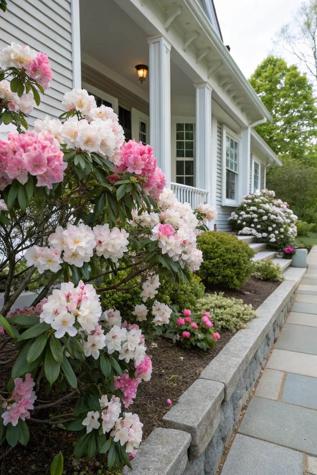 Rhododendrons adding curb appeal to a home's foundation.