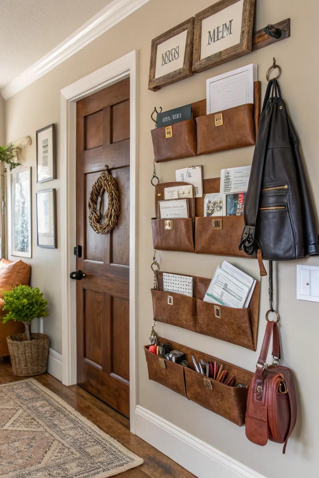 Keep essentials handy with leather wall pockets.