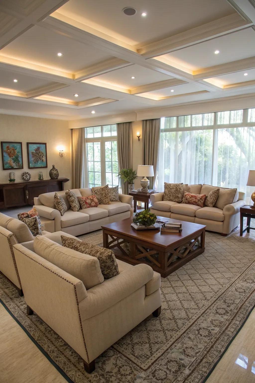 A spacious living room with a U-shaped seating arrangement ideal for gatherings.