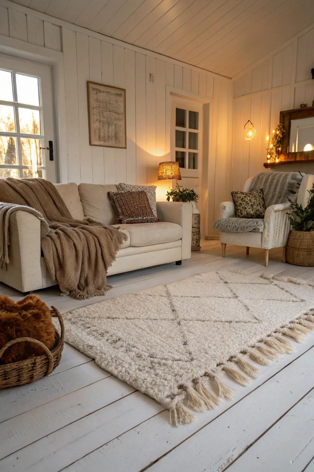 Soft textures bring warmth and comfort to a room with white wood floors.