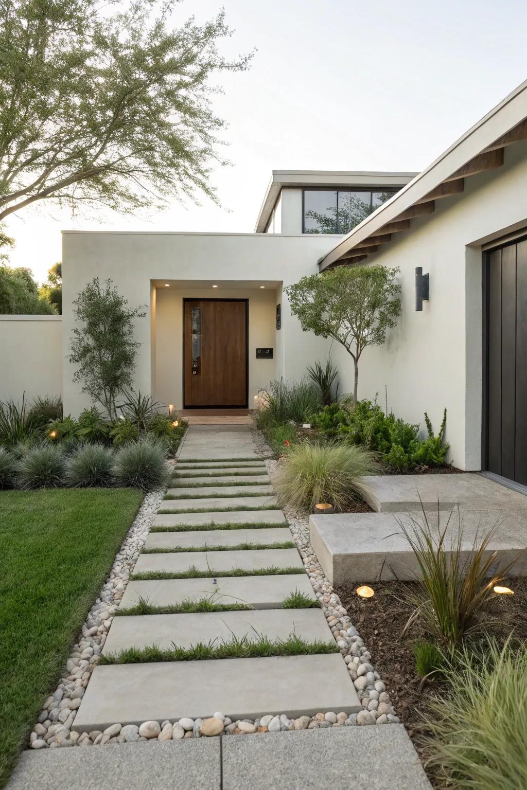 A minimalist front yard with clean lines and strategic plant placement.