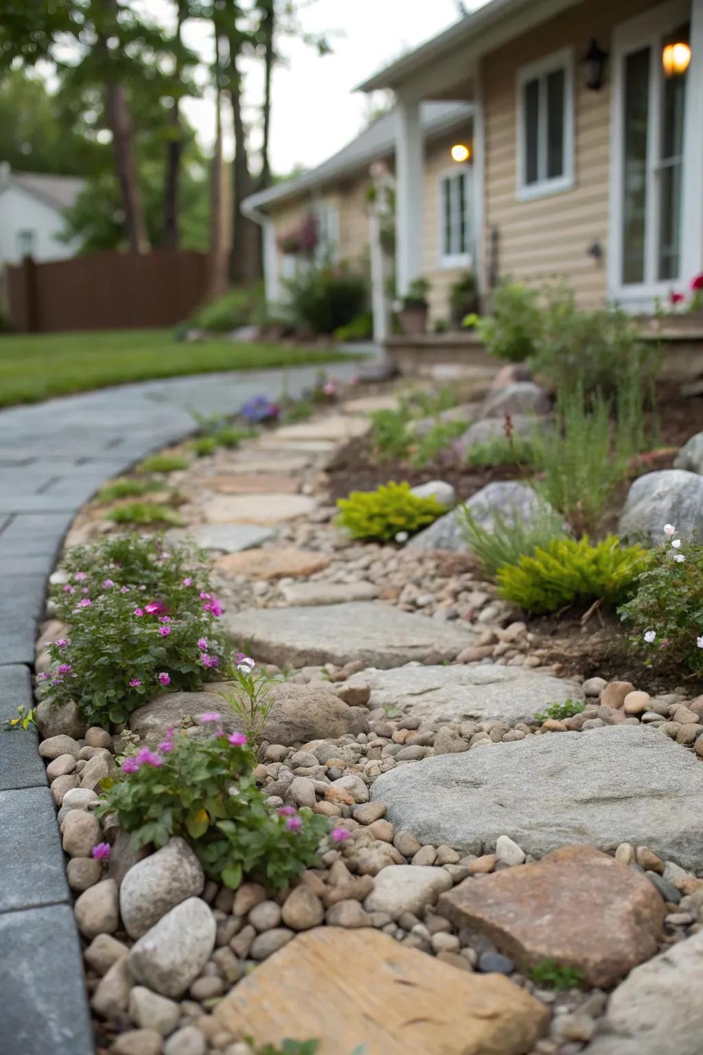 A charming rock pathway adding structure and navigation.