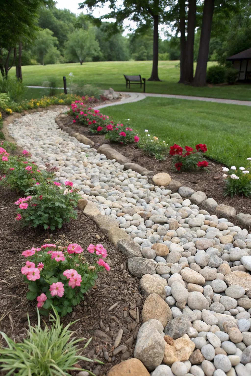 Opt for river rocks as a stylish and practical mulch alternative.