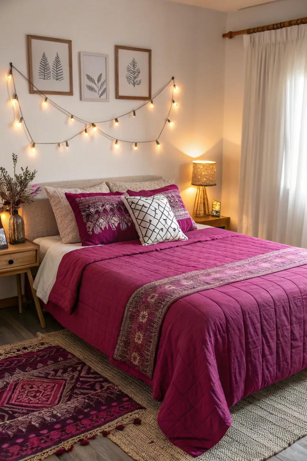 Purple bedding imparts a sensation of warmth and coziness to this charming sleeping chamber.