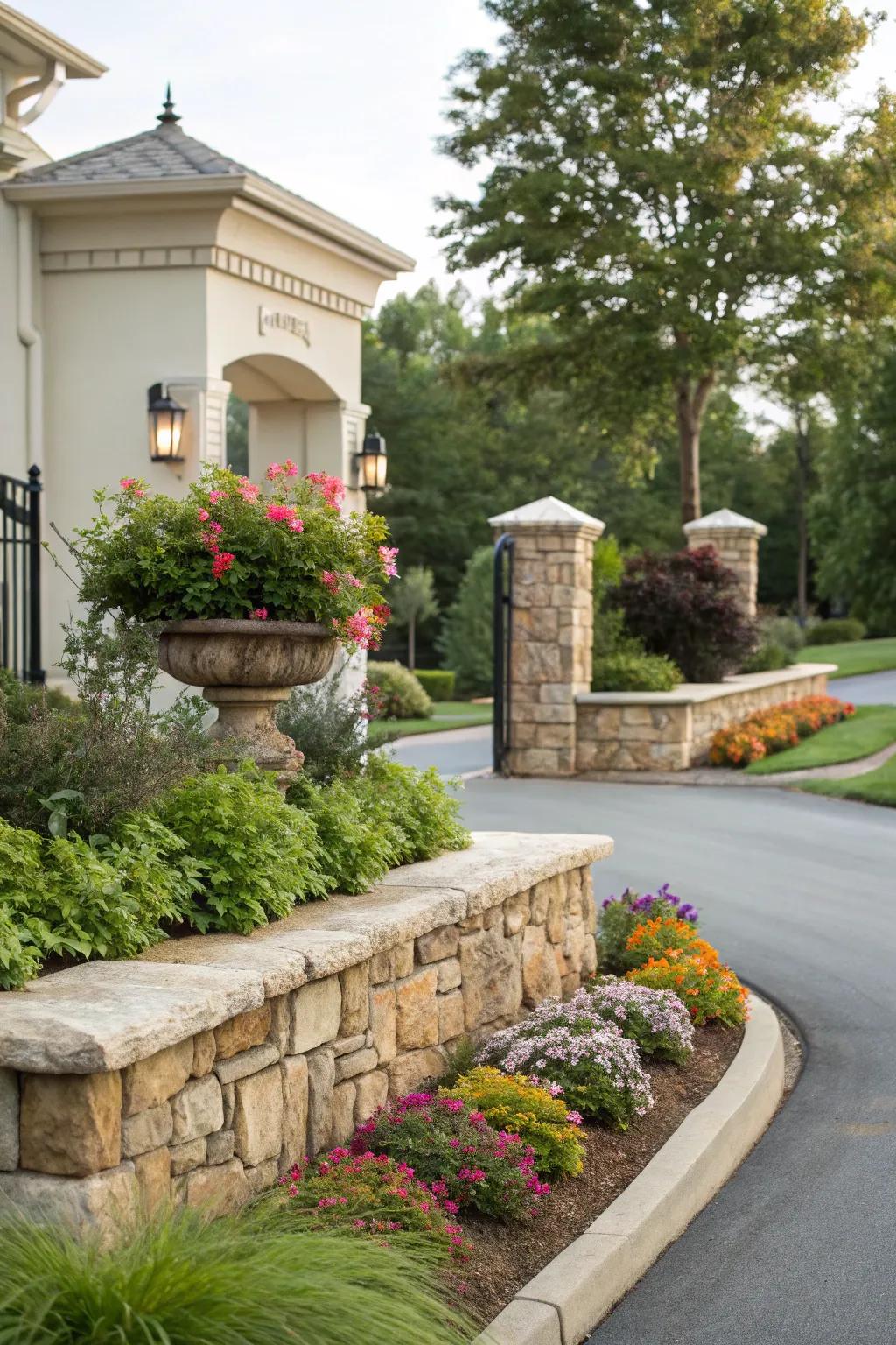 Rustic stone features enhancing the entrance.