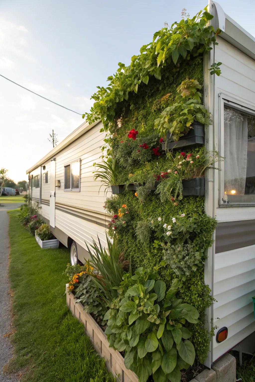 A vibrant vertical garden adorning the wall of a mobile home.