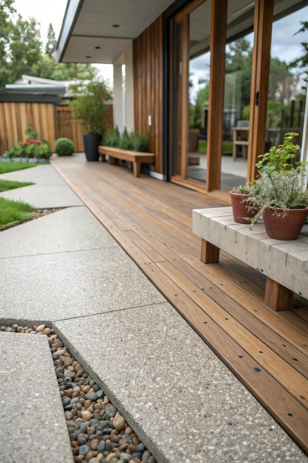 A blend of wood and aggregate creates a unique patio look.