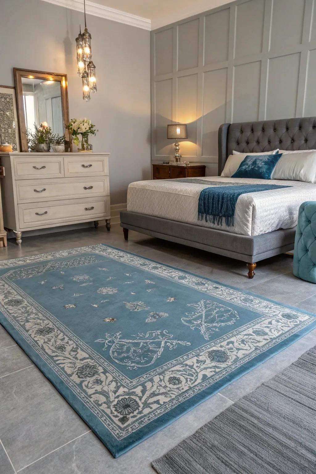 A blue rug on grey floors adds warmth and sophistication to your bedroom.