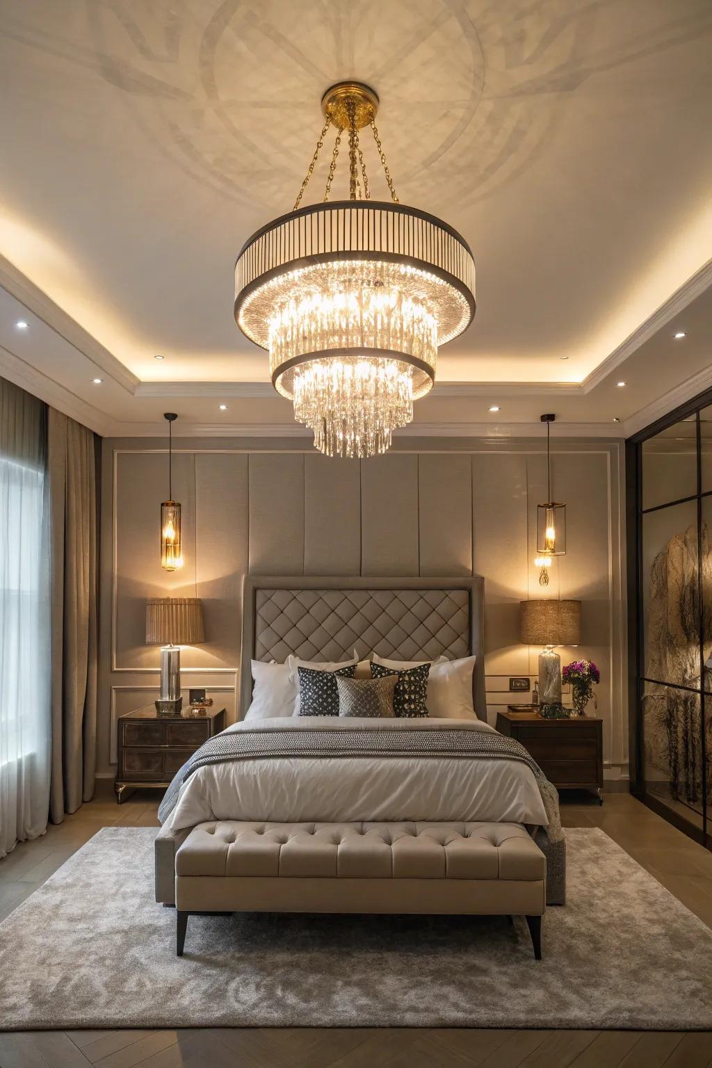 A stylish chandelier adds elegance to this modern master bedroom.